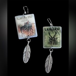 Deer and Bilby vintage postage stamps custom earrings philately sterling OOAK